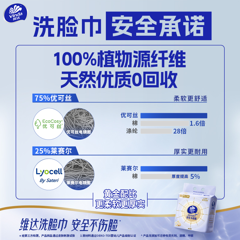 维达悬挂式棉柔巾150抽3提XL码洗脸巾抽取式一次性擦脸巾干湿两用