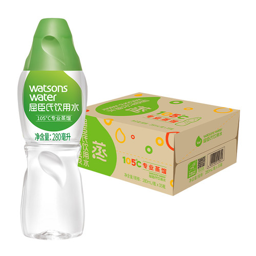 屈臣氏蒸馏水饮用水280ml*35瓶整箱纯净运动补水泡茶护肤非矿泉水 - 图0