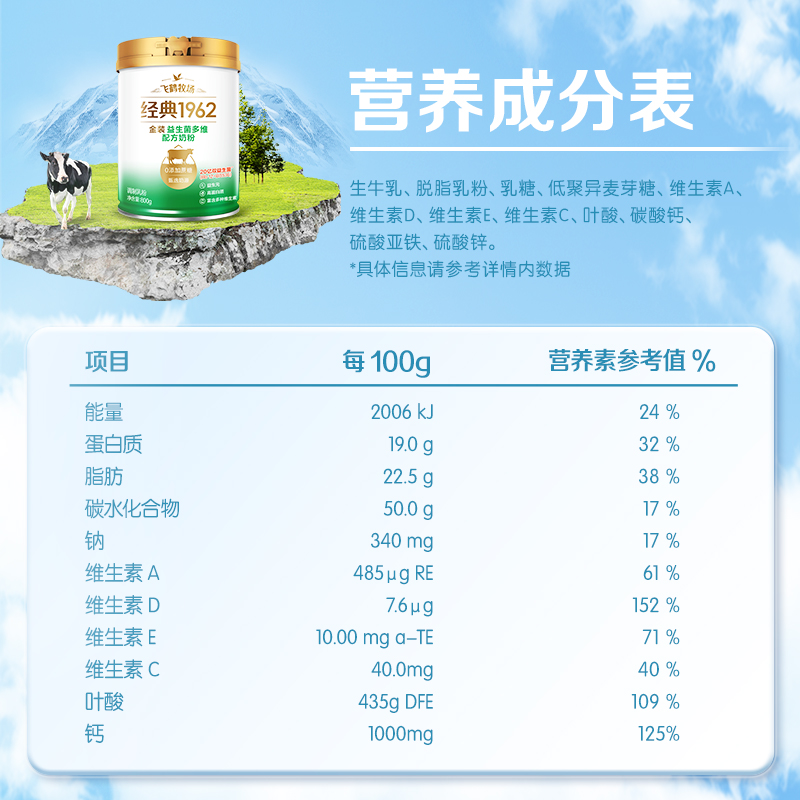 飞鹤金装1962中老年活性益生菌0添加蔗糖全家奶粉800g营养奶粉