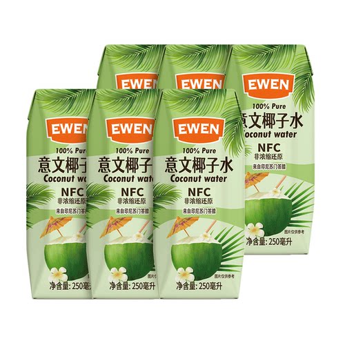 印尼进口意文NFC椰子水含电解质250ml*6盒椰青果汁补水饮料 - 图0