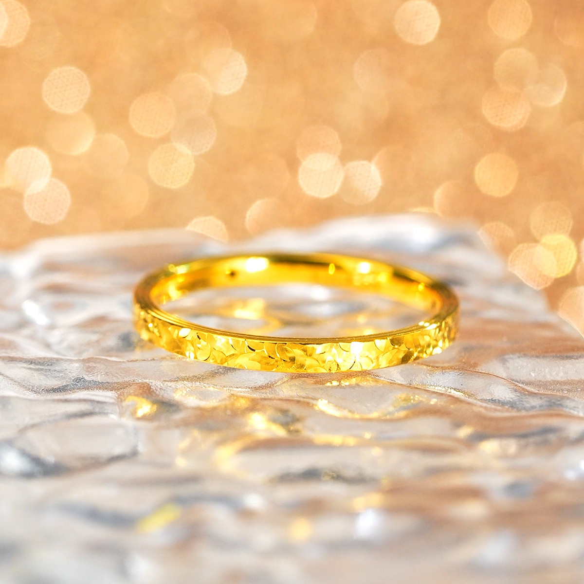 Crushed Ice Pure Gold Ring Ring for Women, Hand Accessory, Holiday Gift for Girls