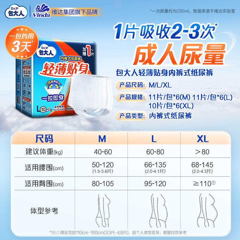 Dr.P/包大人轻薄贴身内裤型成人纸尿裤66片L码拉拉裤老人尿不虚