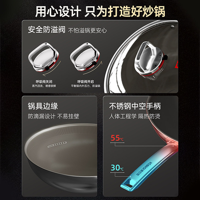 康巴赫纯钛炒锅无涂层钛不粘炒锅家用锅电磁炉燃气灶专用炒菜锅
