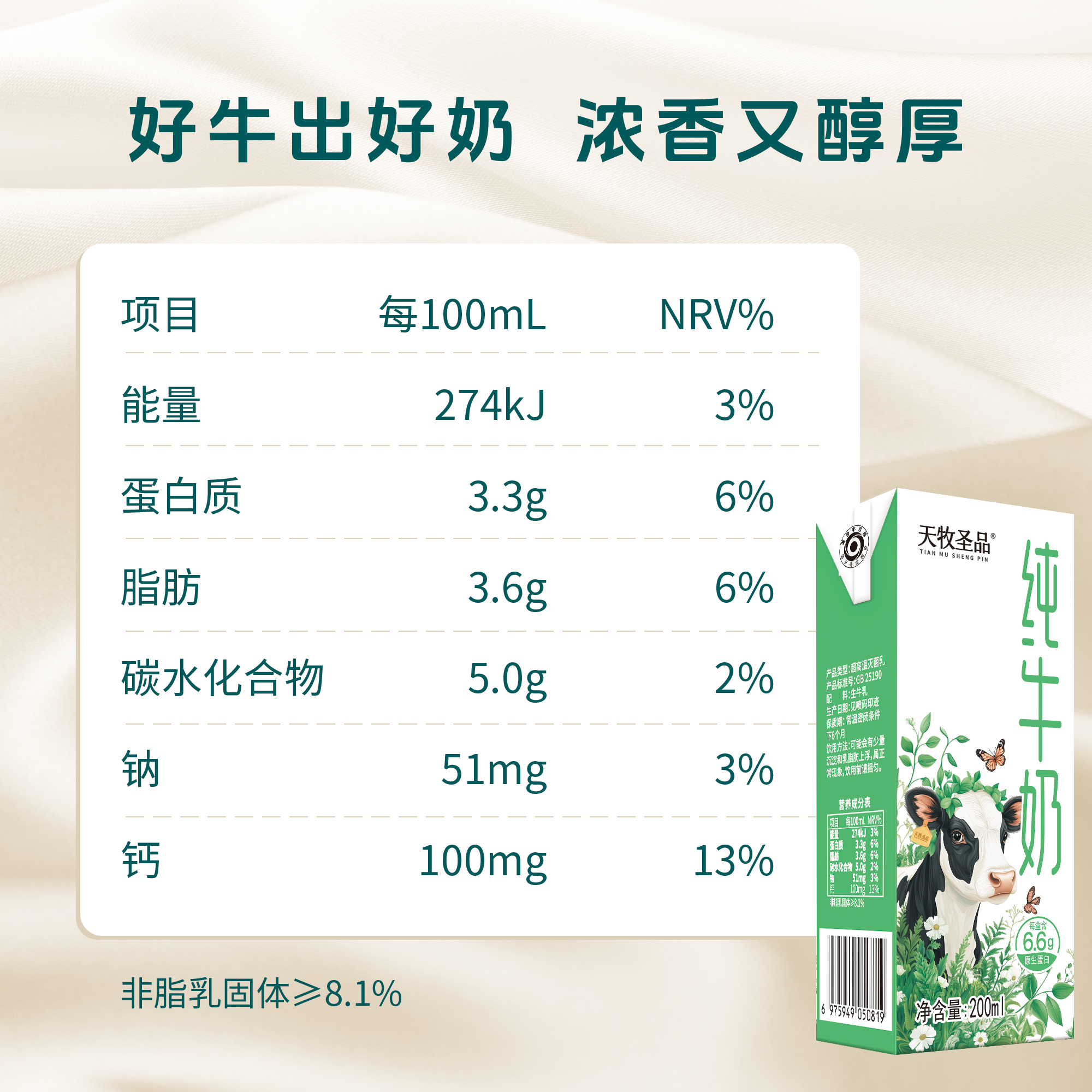 天牧圣品纯牛奶3.3蛋白高原冰川3箱200mlx24盒早餐营养儿童牛奶 - 图1