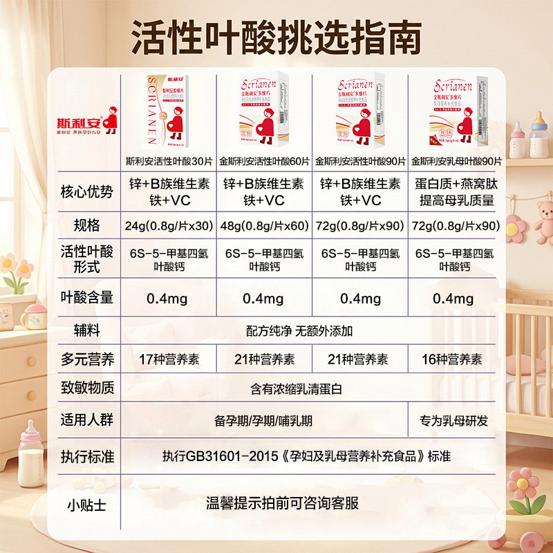 斯利安活性叶酸孕妇复合维生素多维片叶酸片备孕孕妈备孕叶酸