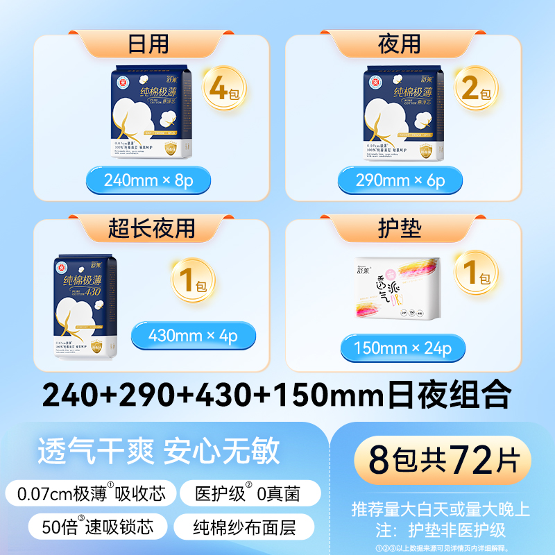舒莱医护消毒级卫生巾纯棉极薄悬浮芯日夜组合姨妈巾【官方正品】