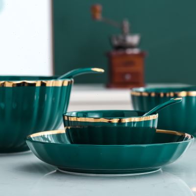 新品高档轻奢陶瓷餐具套餐家高祖母绿金边装具陶瓷碗盘组合用颜值 - 图2