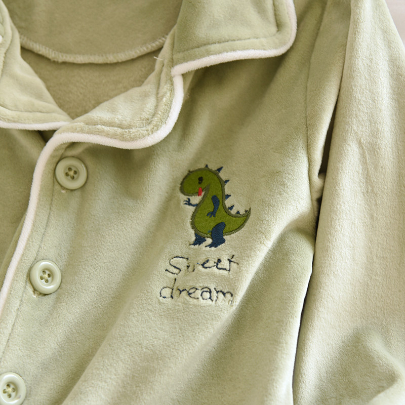 儿童秋冬加厚保暖海岛绒睡衣套男童可爱可爱刺绣小恐龙纯色家居服,淘宝优惠券,粉丝福利购,淘宝优惠卷