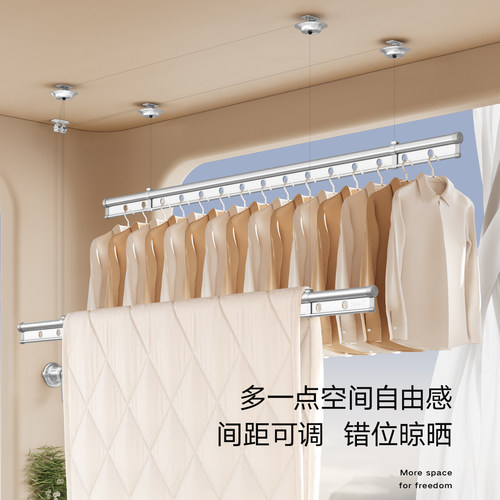 金贵夫人阳台晾衣架升降手摇双杆式室内手动晾衣杆顶装凉衣架家用 - 图0