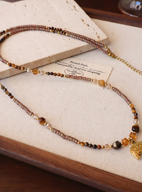 天然虎眼石项链长款毛衣链小象吊