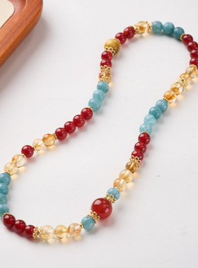 天然红玛瑙黄阿塞串珠双圈手链女