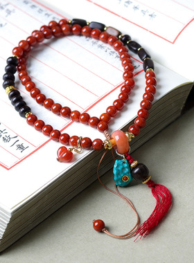 手工串制南红玛瑙项链复古仿松石