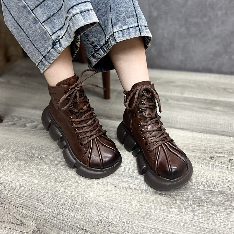 艺鞜2026年秋季新款真皮贝壳头厚底侧拉链马丁靴松糕系带短靴子女,淘宝优惠券,粉丝福利购,淘宝优惠卷