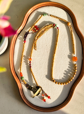 菲伊唐新中式香云纱串珠手工布艺配饰多款国风金丝楠木手机链项链