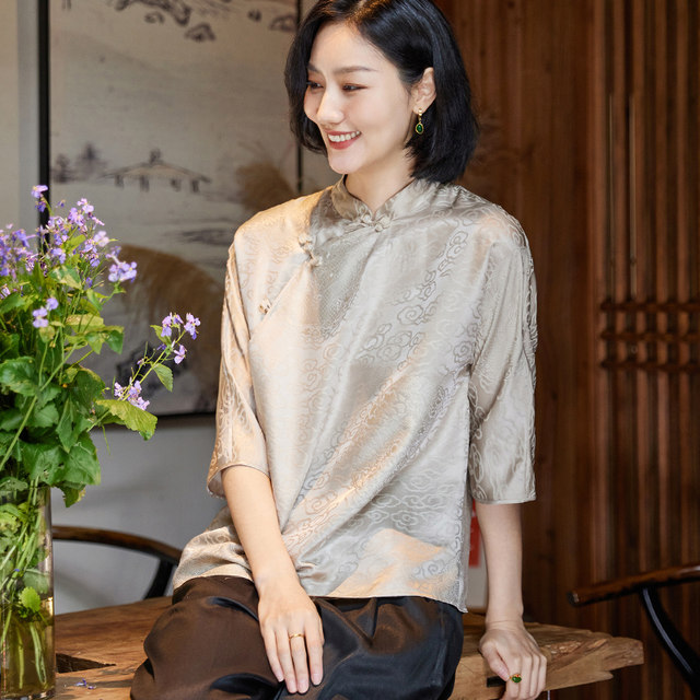 Silk Intertwined Floral Summer Pan-Button Tang Suit Women's Top