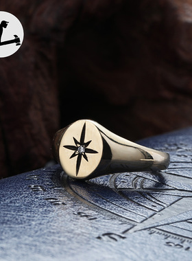 印章戒指守护星18k黄金徽章钻戒男女钻石戒指个性八芒星定制图案