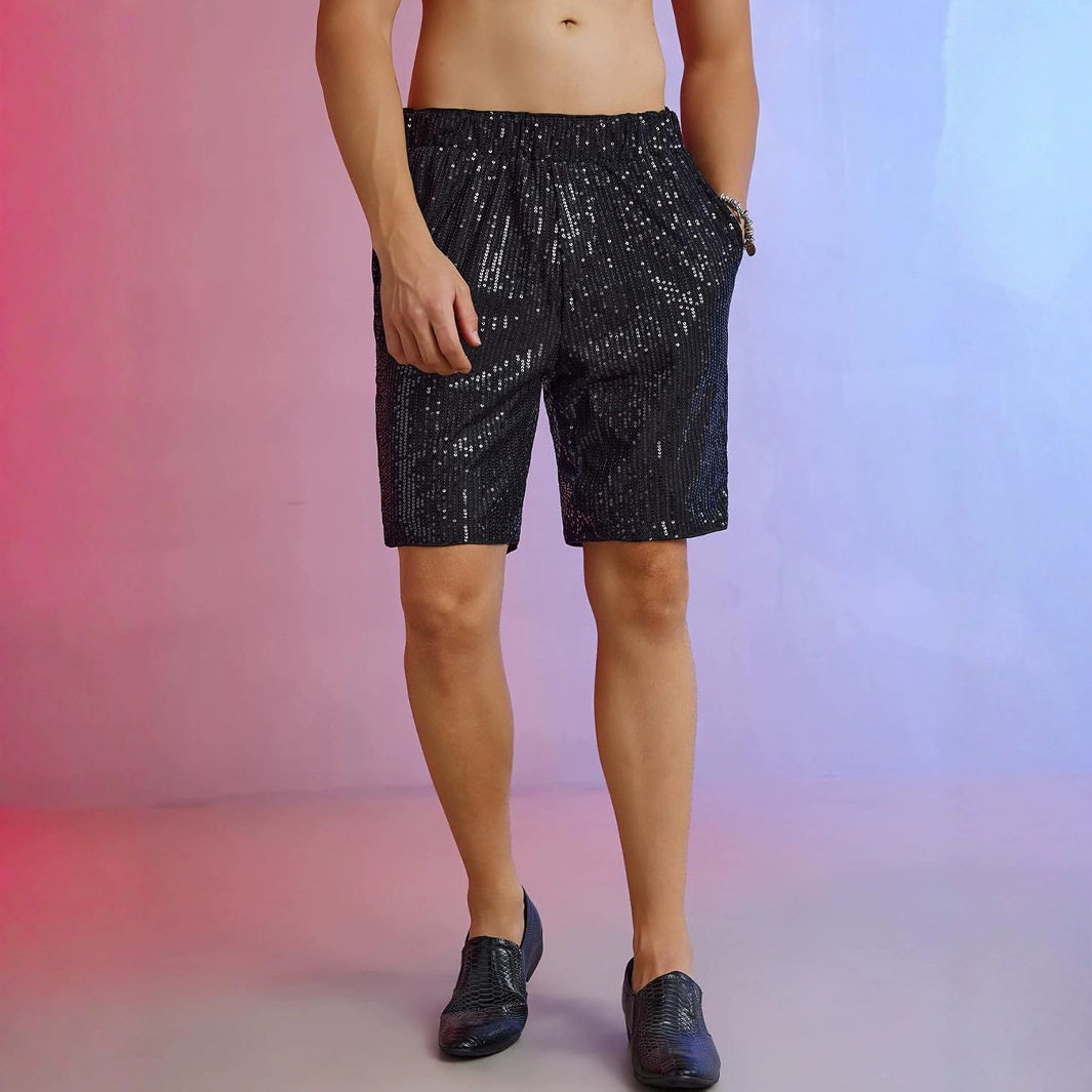夜店潮流痞帅闪亮片短裤男欧美宽松休闲直筒裤舞蹈演出亮面五分裤,淘宝优惠券,粉丝福利购,淘宝优惠卷