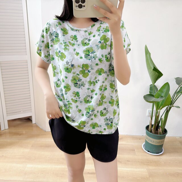 Summer cotton silk thin loose slimming printed T-shirt