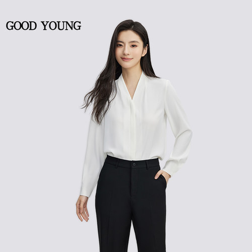 GOODYOUNG白色雪纺开衫V领衬衫抗皱高级感面试衬衣长袖职业通勤女 - 图0