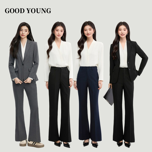 GOOD YOUNG女西装裤微喇喇叭裤黑色灰色藏青修身通勤气质弹力 - 图3