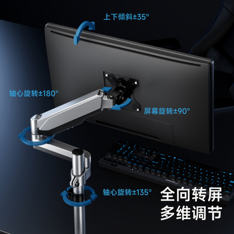 北弧显示器支架桌面立柱式倒装吊装免打孔竖臂vesa底座增高架E431 - 图3