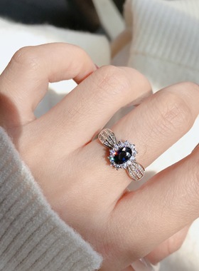 ninisn925银天然斯里兰卡蓝宝石戒指 墨蓝色浓郁气质高级彩宝礼物