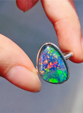 ninisn玫紫色极光闪电绿澳洲欧泊戒指 925银活口opal澳宝浪漫礼物