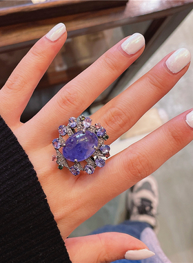 ninisn 天然蛋面坦桑石+钻石+碧玺+沙弗莱戒指 银镀黑金夸张奢华