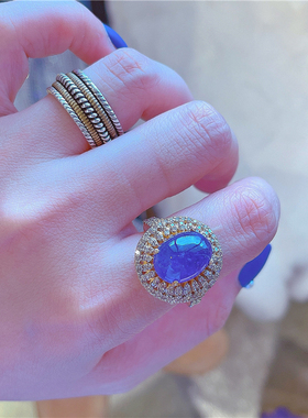 ninisn 天然大颗粒坦桑石+群镶真钻石戒指印度奢华异域复古派对女