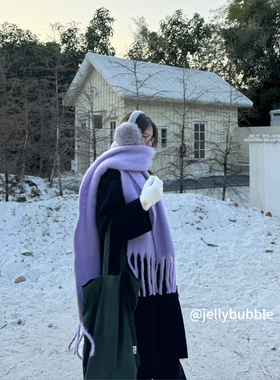 济州岛的冬天～跟下雪天很适配的芋泥紫色围巾秋冬天保暖防寒加厚