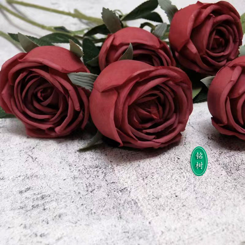 酒红安娜玫瑰单头朵束客厅装饰假绢仿真花卉单支只摆放设大朵桌面 - 图0