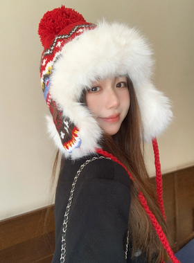 帽子女冬新款东北哈尔滨滑雪雷锋帽防寒保暖护耳帽针织红色毛线帽