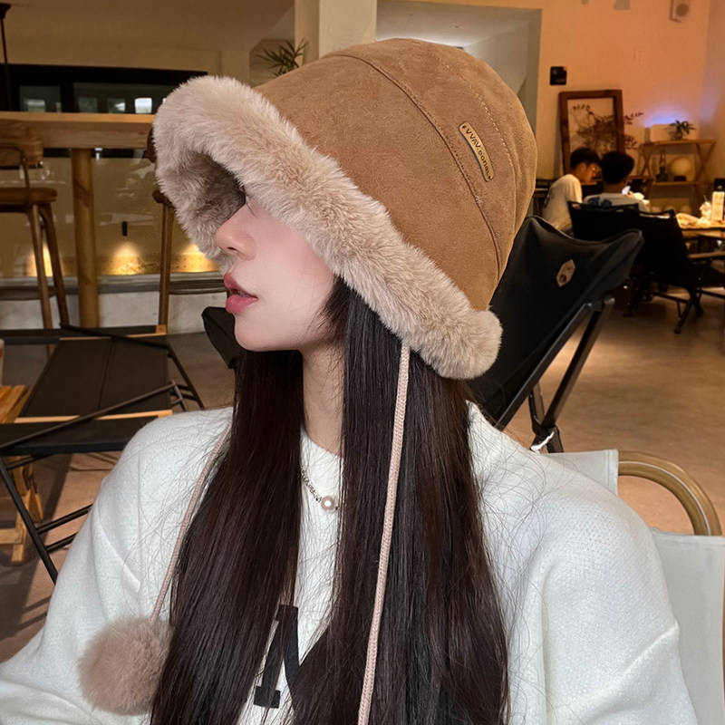 毛绒渔夫帽冬季款加厚保暖盆帽防风护耳雷锋帽冬天挂绳毛球帽子女,淘宝优惠券,粉丝福利购,淘宝优惠卷