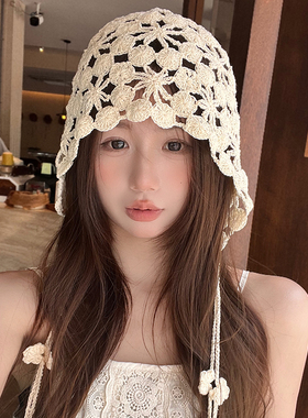 流苏钩花针织帽秋冬包头帽