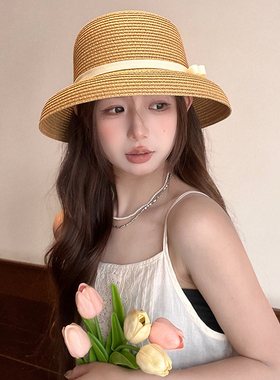 高品质原版赫本风草帽女夏天度假出游盆帽防晒遮阳帽