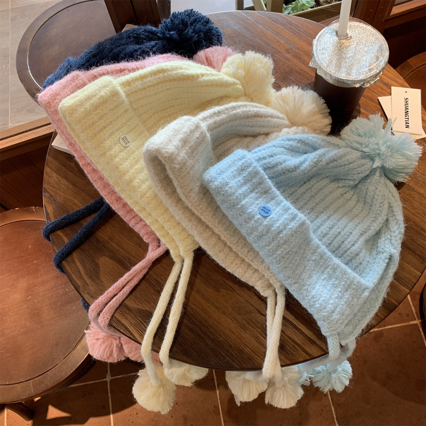 蓝色毛球针织护耳帽女秋冬韩版百搭显脸小毛线帽加厚保暖包头帽子,淘宝优惠券,粉丝福利购,淘宝优惠卷