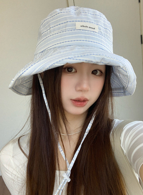 清爽蓝条纹大檐防晒渔夫帽女夏