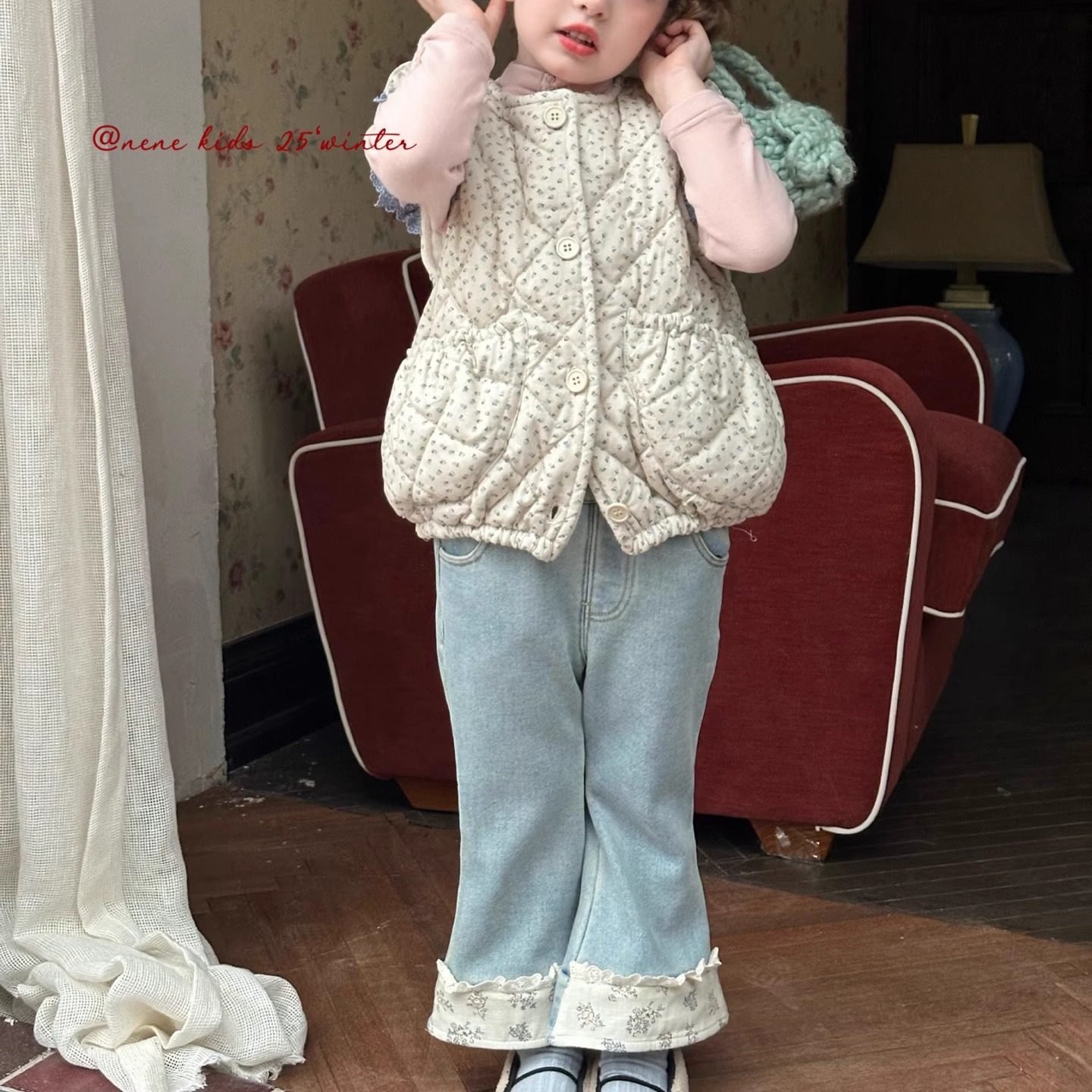 【正品现货】Coco女童牛仔裤子加绒2025冬装新款儿童韩版微喇碎花,淘宝优惠券,粉丝福利购,淘宝优惠卷