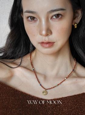 WAY OF MOON原创彩色眼睛吊坠天然石项链小众潮流彩色串珠锁骨链