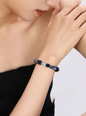 幸福宝典·珠宝天然五行水晶海蓝宝黑曜石手串女补金木水火土手链