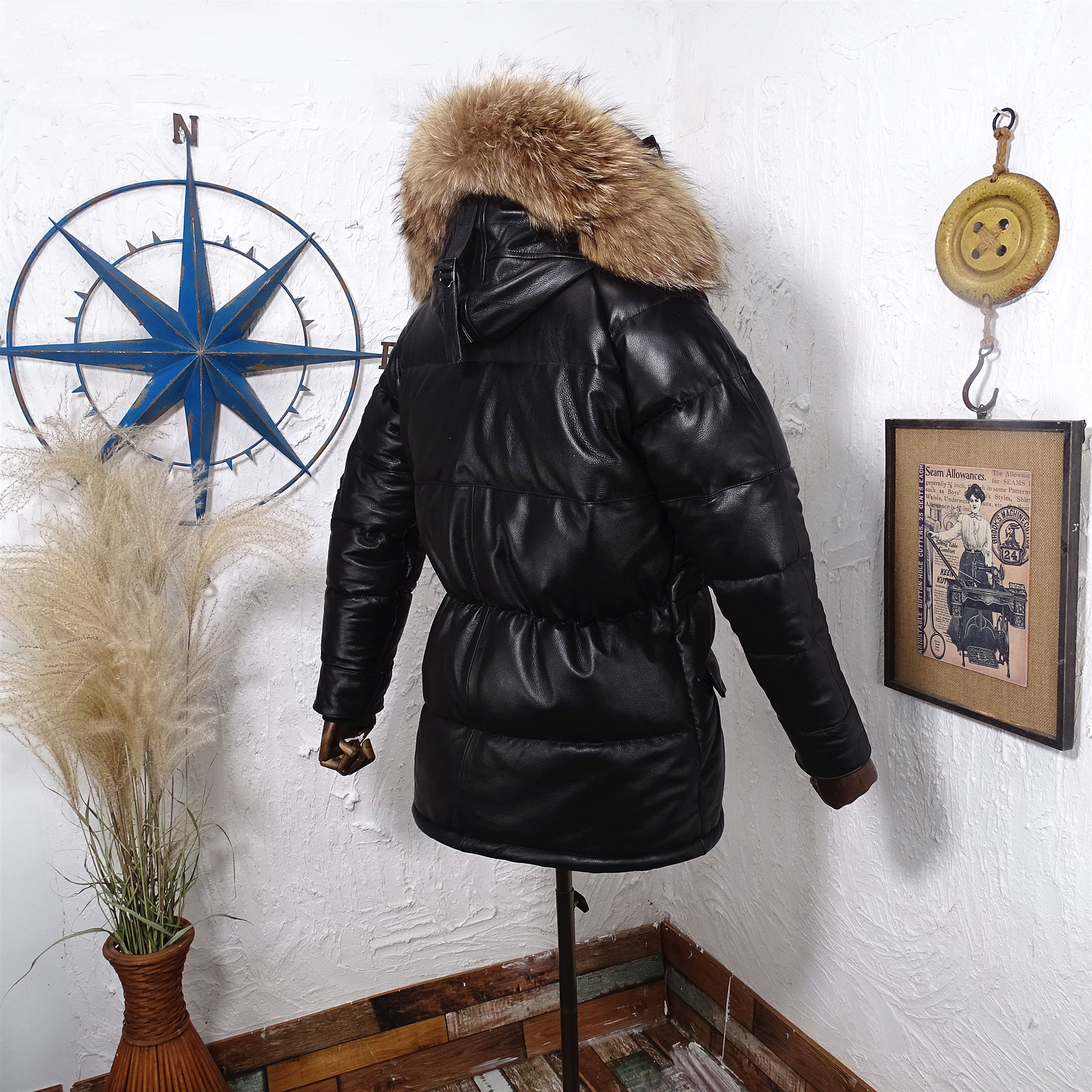 进口头层小牛犊皮日版N3-B真皮羽绒服中长款毛领连帽大衣冬季保暖 - 图1