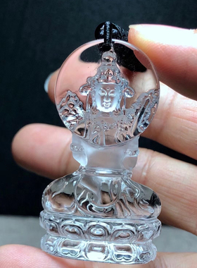 属兔天然白水晶文殊菩萨吊坠本命佛文殊菩萨座骑狮子53x30mm 30克