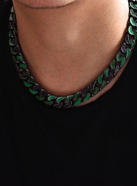 黑绿色镶钻古巴潮流欧美嘻哈项链