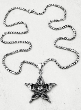 潮男钛钢哥特带翅恶龙五芒星项链
