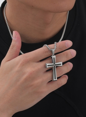 潮男女简约钛钢镶锆石十字架项链