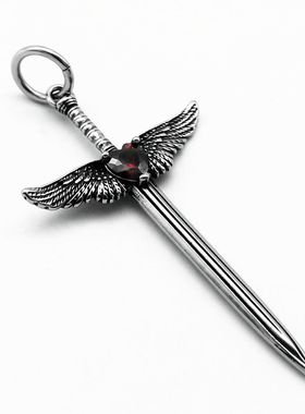 男女钛钢镶锆石天使十字架剑项链