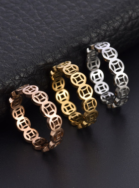 中国风镂空天圆地方古铜钱币戒指