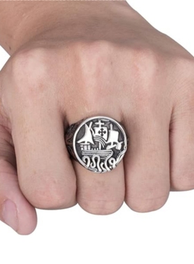 男钛钢维京海盗战船骷髅章鱼戒指