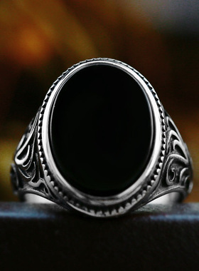 男士钛钢复古藤蔓雕花纹印章戒指