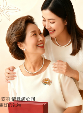 高端天然淡水珍珠项链妈妈款牡丹花胸针套装颈链礼物送长辈实用